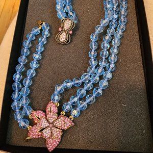 HEIDI DAUS BLUE CRYSTAL PINK FLOWER SIZE PENDANT NECKLACE
